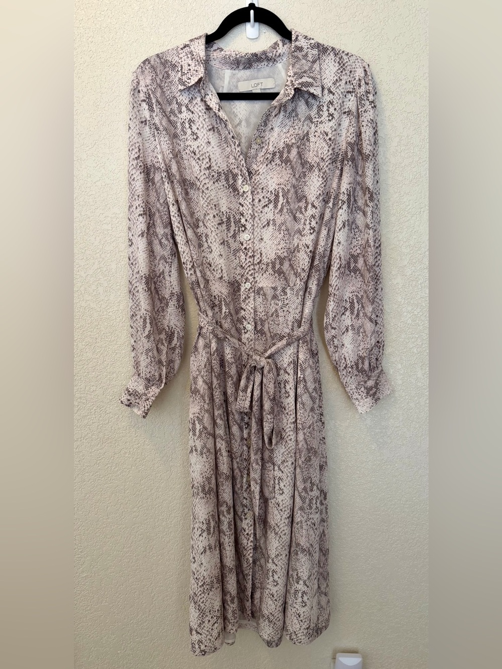 LOFT Snake Print Button Front Midi Shirt Dress Belted Size 12